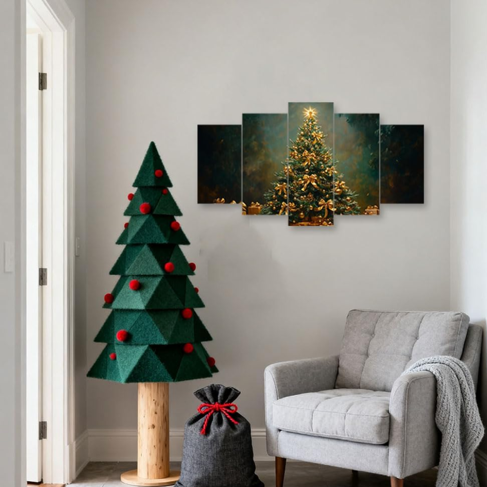 5 Piece Of Vintage Christmas Tree Winter Scene Canvas Wall Art Framed