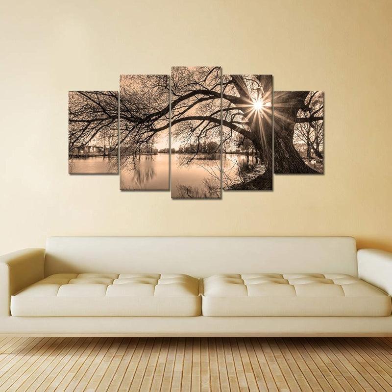 5 Pieces Tree By Lake At Sunset Canvas Wall Art-Original Frame