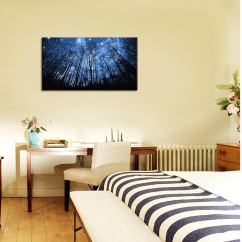 Visual Art Decor Blue Starry Night Forest Tree Canvas Wall Art-Original Frame