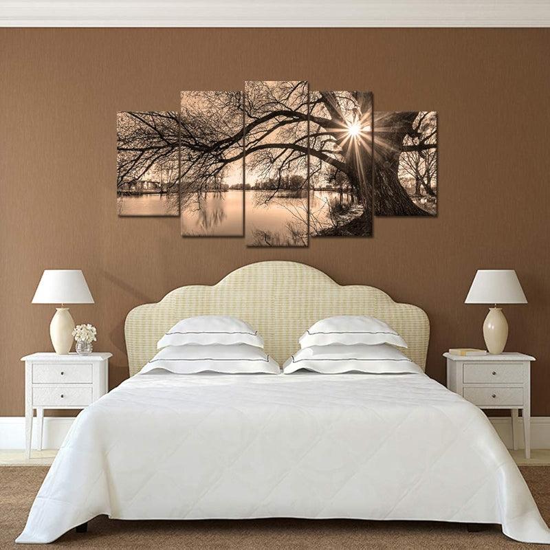 5 Pieces Tree By Lake At Sunset Canvas Wall Art-Original Frame