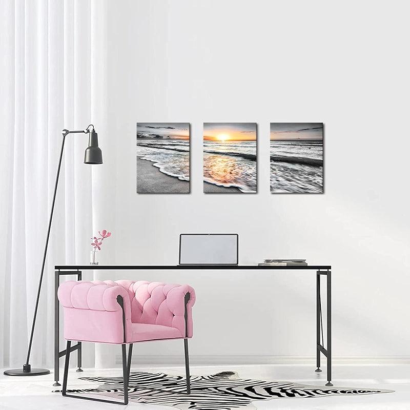 Golden Shoreline Sunset Wall Art Canvas Prints Set Of Three-Original Frame