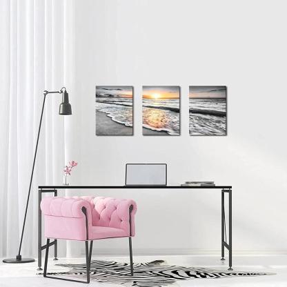 Golden Shoreline Sunset Wall Art Canvas Prints Set Of Three-Original Frame