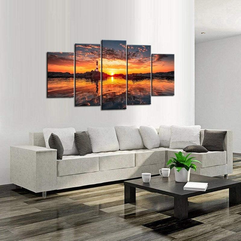 5 Piece Lighthouse At Sunset Canvas Wall Art-Original Frame
