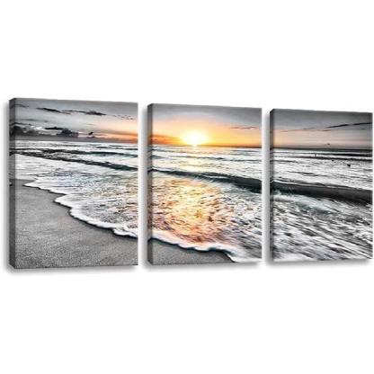 Golden Shoreline Sunset Wall Art Canvas Prints Set Of Three-Original Frame