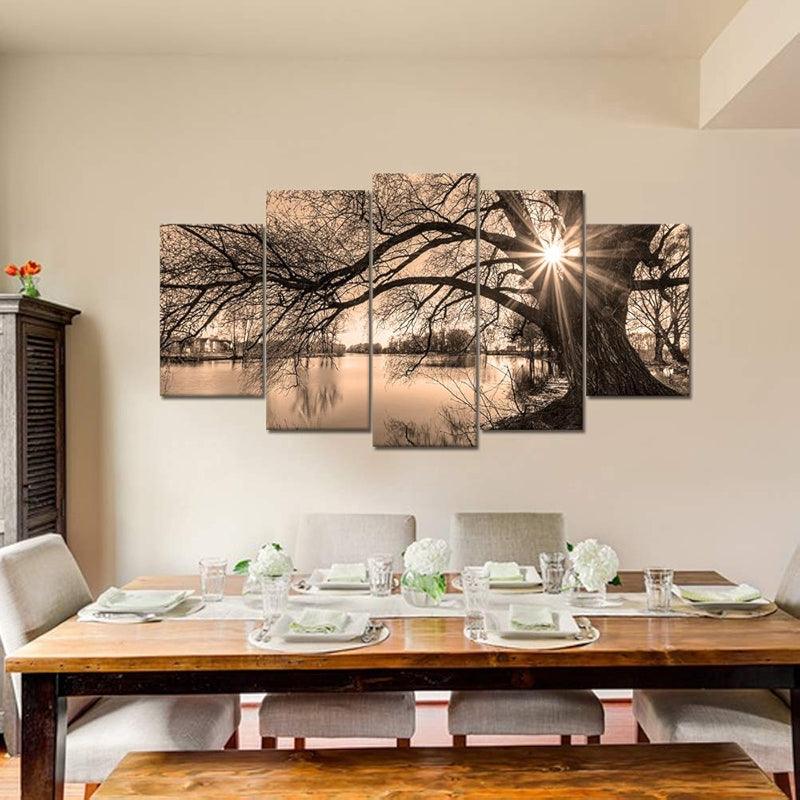 5 Pieces Tree By Lake At Sunset Canvas Wall Art-Original Frame