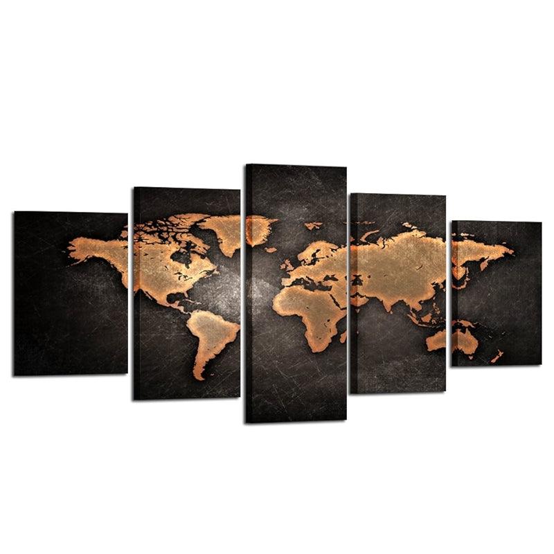 5 Pieces Retro World Map Poster Framed Canvas Art Set-Original Frame