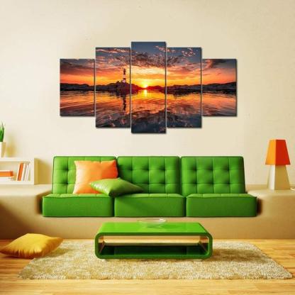 5 Piece Lighthouse At Sunset Canvas Wall Art-Original Frame