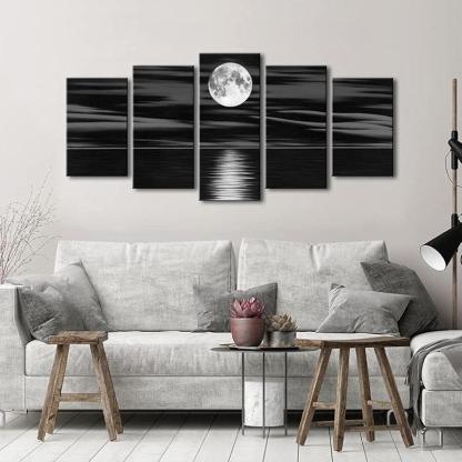Sea White Full Moon Canvas Print Wall Art Set-Original Frame
