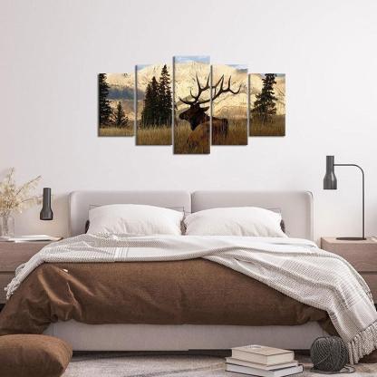 5 Pieces Deer In Autumn Forest Canvas Art Print-Original Frame