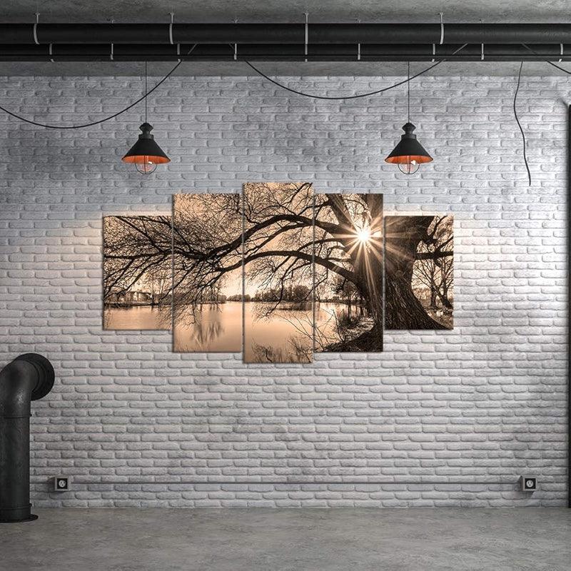 5 Pieces Tree By Lake At Sunset Canvas Wall Art-Original Frame