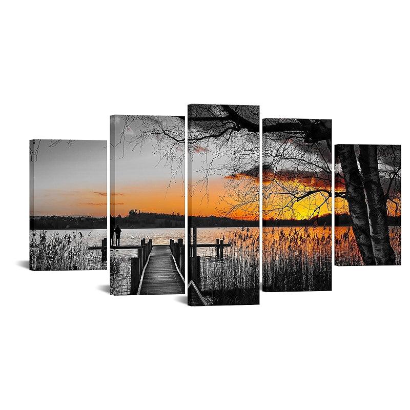 Sunset Lakeside Pier Canvas Wall Art Set-Original Frame