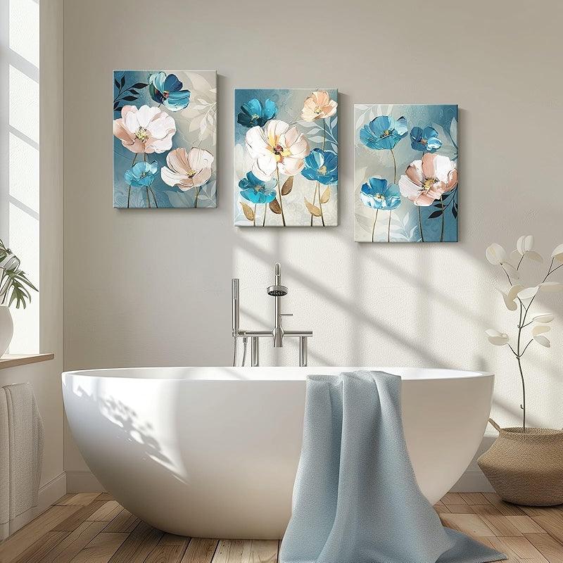 3 Pieces Floral And Ocean Canvas Wall Art Set-Original Frame