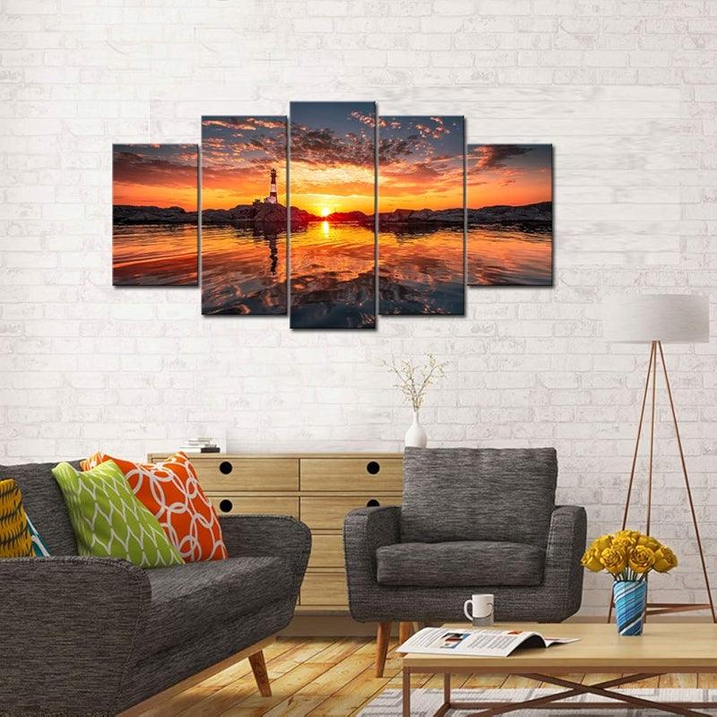 5 Piece Lighthouse At Sunset Canvas Wall Art-Original Frame