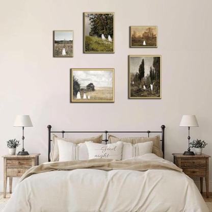 5 Piece Vintage Landscape Gallery Wall Art Set-Original Frame