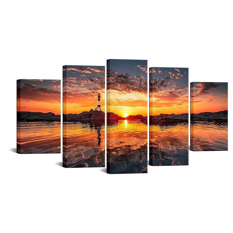 5 Piece Lighthouse At Sunset Canvas Wall Art-Original Frame
