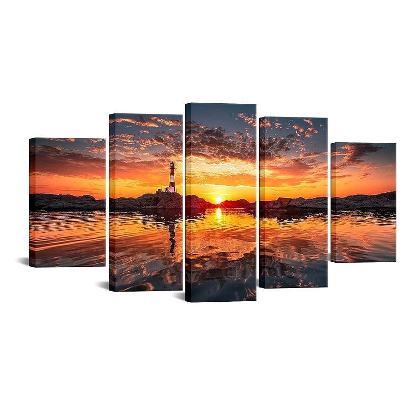 5 Piece Lighthouse At Sunset Canvas Wall Art-Original Frame