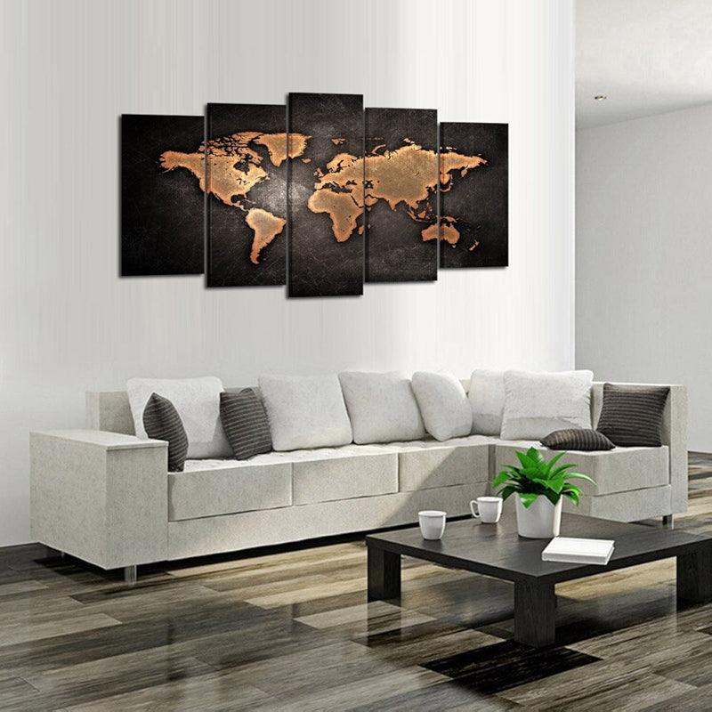 5 Pieces Retro World Map Poster Framed Canvas Art Set-Original Frame