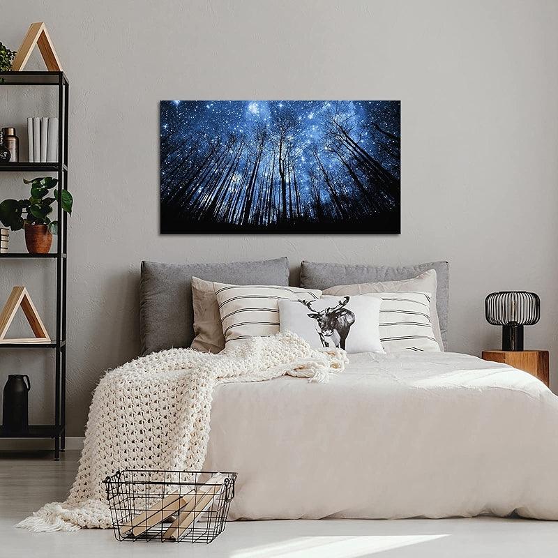 Visual Art Decor Blue Starry Night Forest Tree Canvas Wall Art-Original Frame
