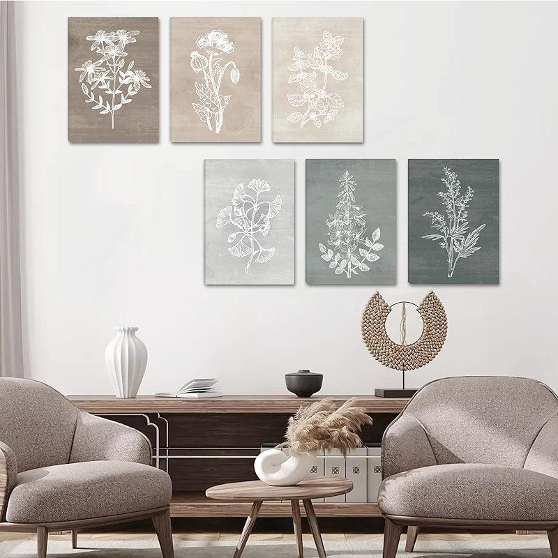 Neutral Botanical Plant Canvas Art Set Of Six-Original Frame