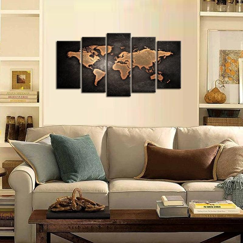 5 Pieces Retro World Map Poster Framed Canvas Art Set-Original Frame