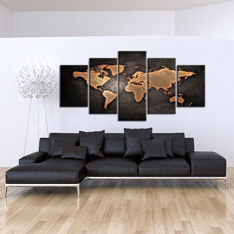 5 Pieces Retro World Map Poster Framed Canvas Art Set-Original Frame