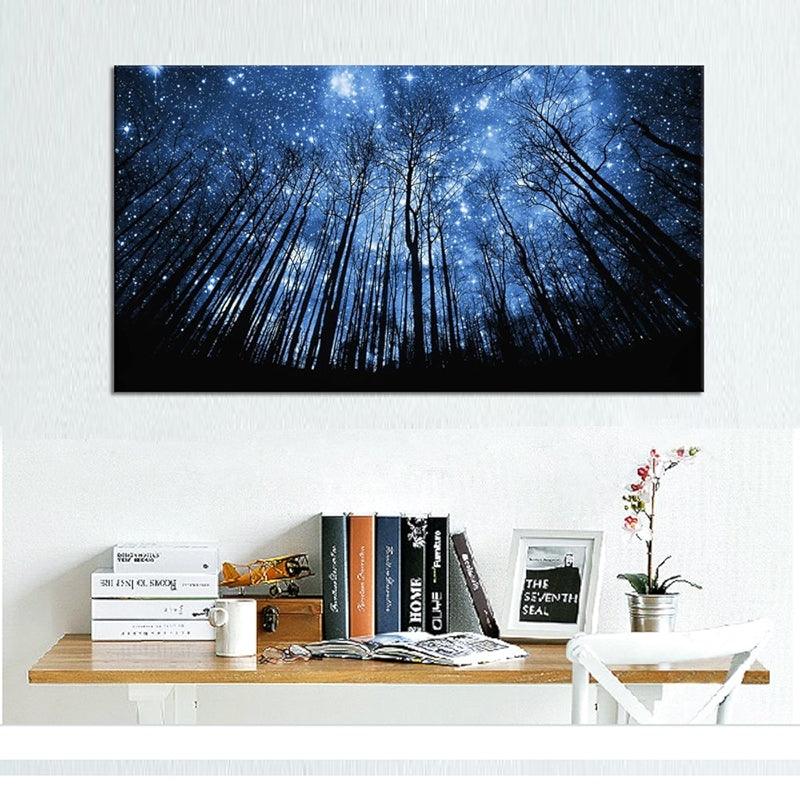 Visual Art Decor Blue Starry Night Forest Tree Canvas Wall Art-Original Frame