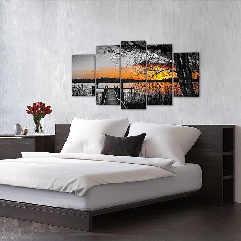 Sunset Lakeside Pier Canvas Wall Art Set-Original Frame