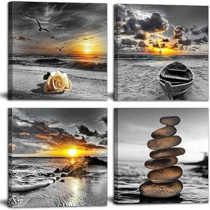 4 Piece Coastal Seaside Canvas Art Set-Original Frame