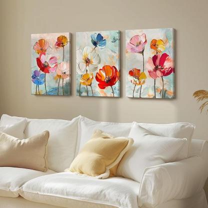 3 Pieces Floral And Ocean Canvas Wall Art Set-Original Frame