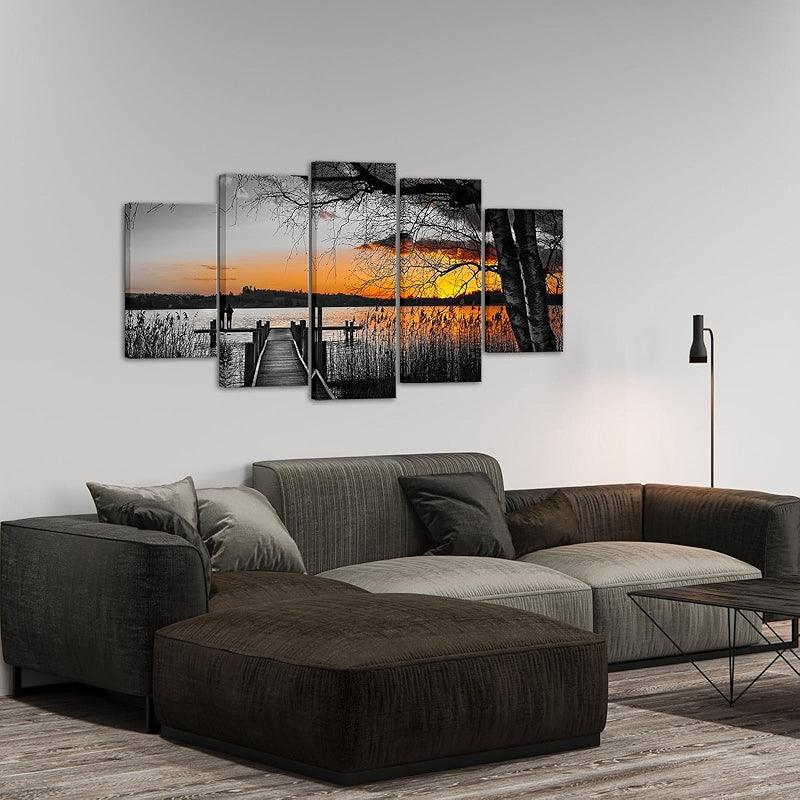 Sunset Lakeside Pier Canvas Wall Art Set-Original Frame