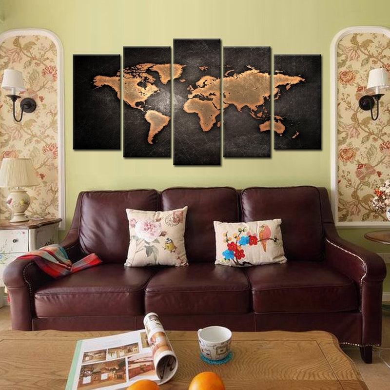 5 Pieces Retro World Map Poster Framed Canvas Art Set-Original Frame