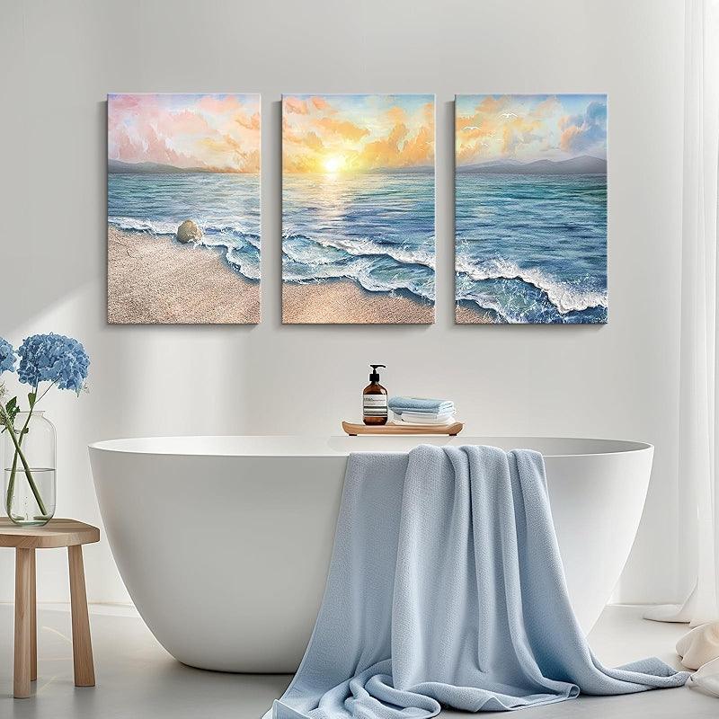 3 Pieces Floral And Ocean Canvas Wall Art Set-Original Frame
