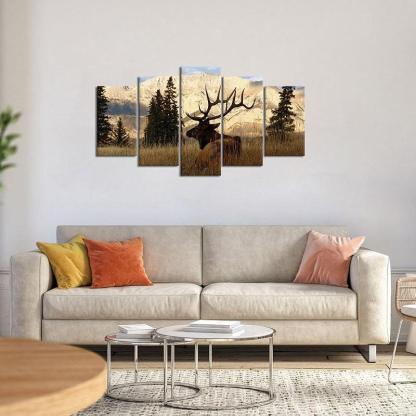 5 Pieces Deer In Autumn Forest Canvas Art Print-Original Frame