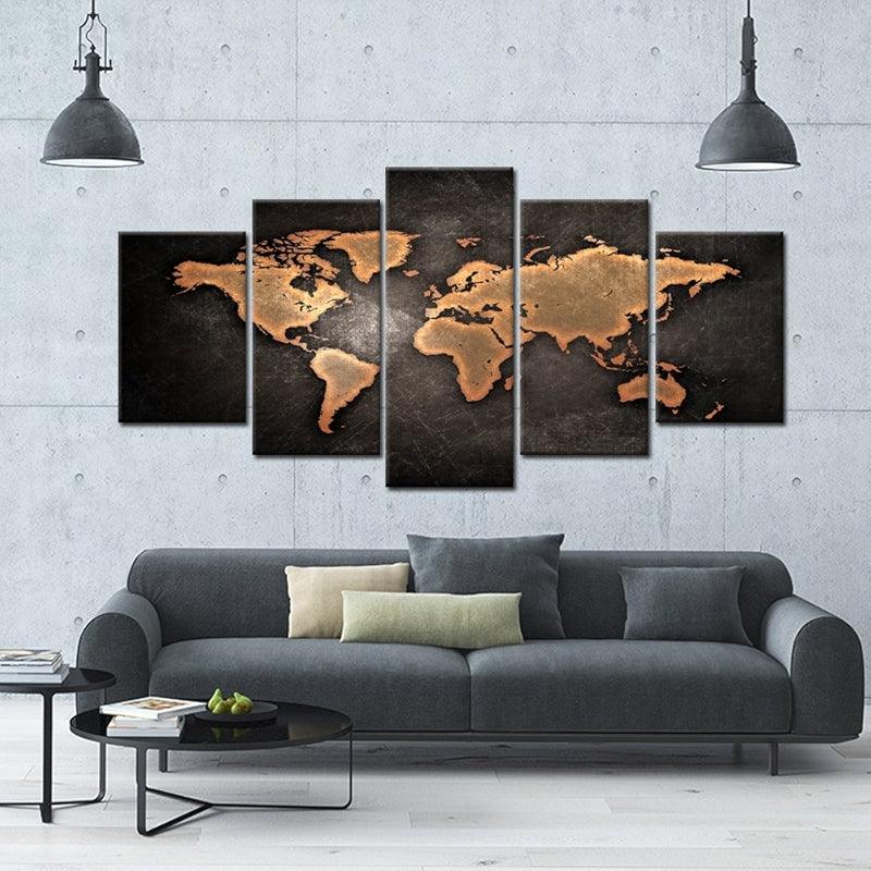5 Pieces Retro World Map Poster Framed Canvas Art Set-Original Frame