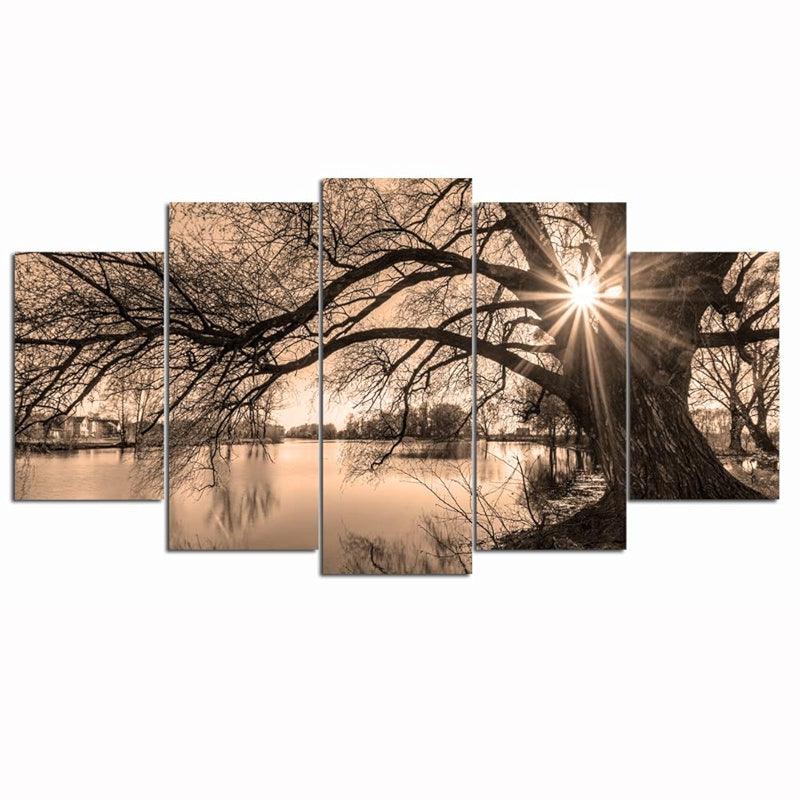 5 Pieces Tree By Lake At Sunset Canvas Wall Art-Original Frame