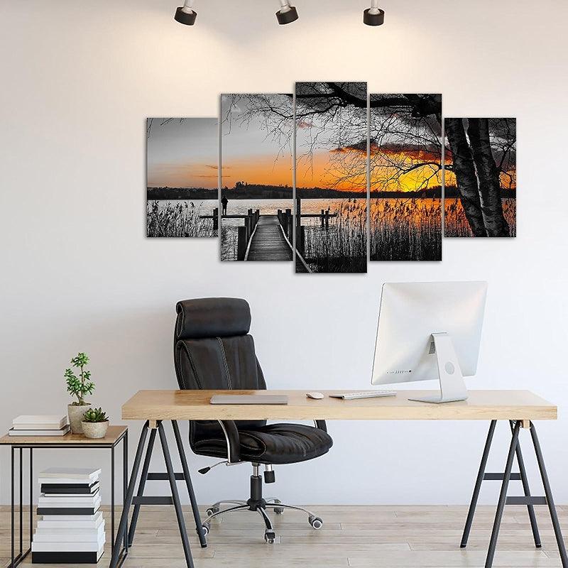 Sunset Lakeside Pier Canvas Wall Art Set-Original Frame