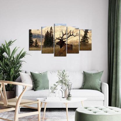 5 Pieces Deer In Autumn Forest Canvas Art Print-Original Frame