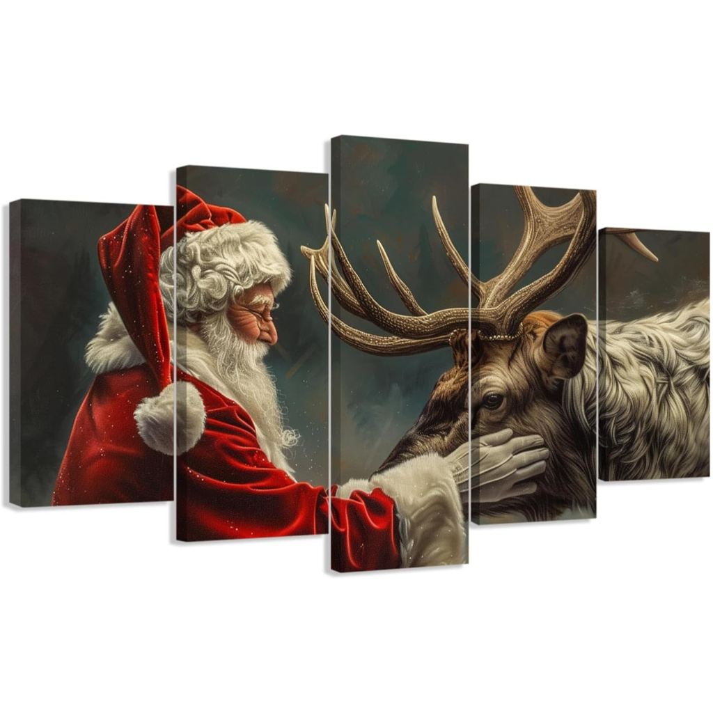 5 Piece Christmas Wall Art Santa Claus and Reindeer Pictures