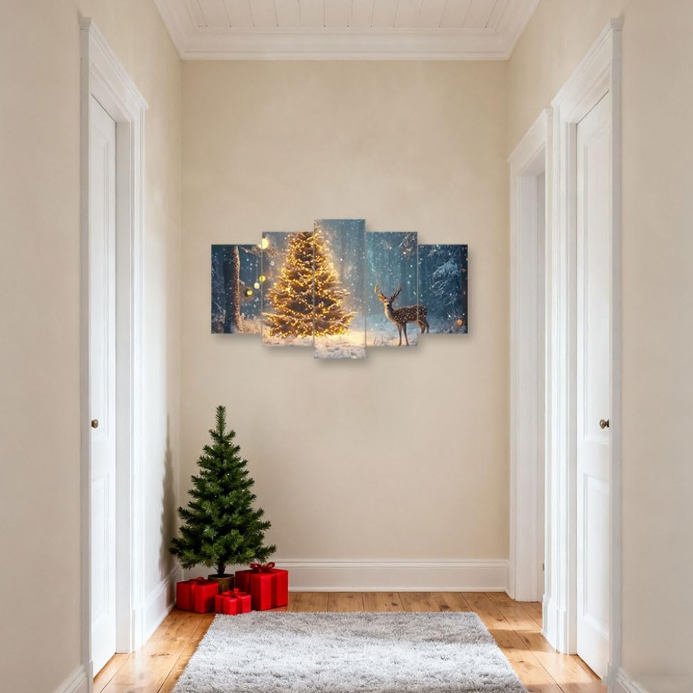 5 Piece Of Vintage Christmas Tree Winter Scene Canvas Wall Art Framed