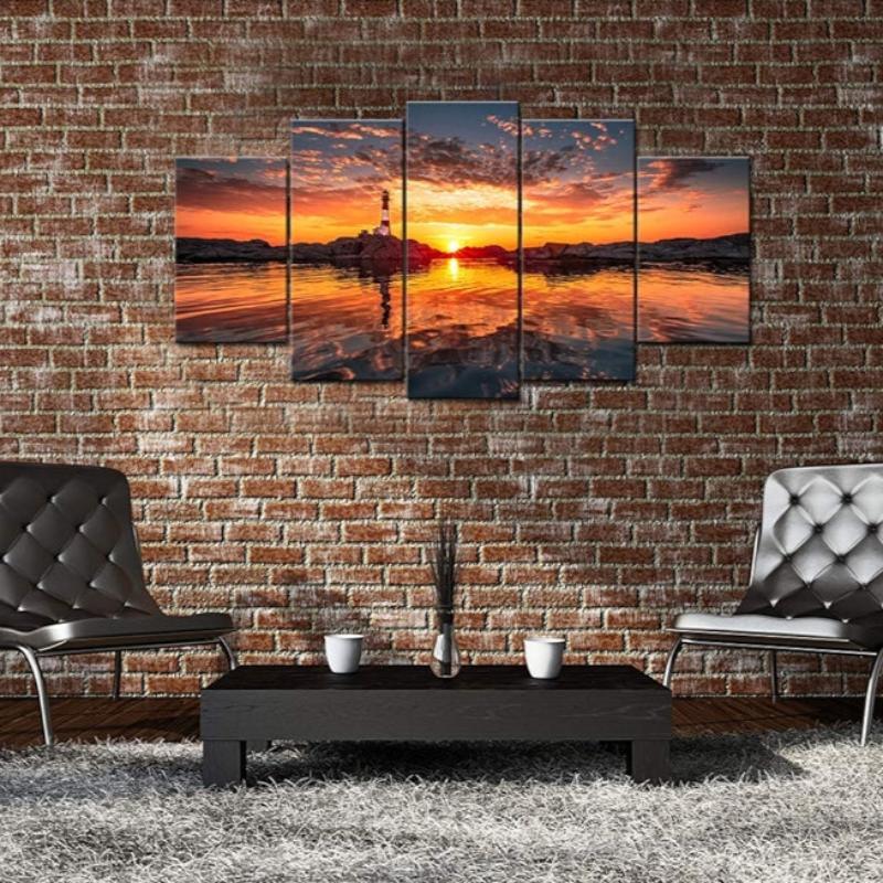 5 Piece Lighthouse At Sunset Canvas Wall Art-Original Frame