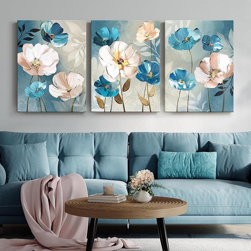 3 Pieces Floral And Ocean Canvas Wall Art Set-Original Frame