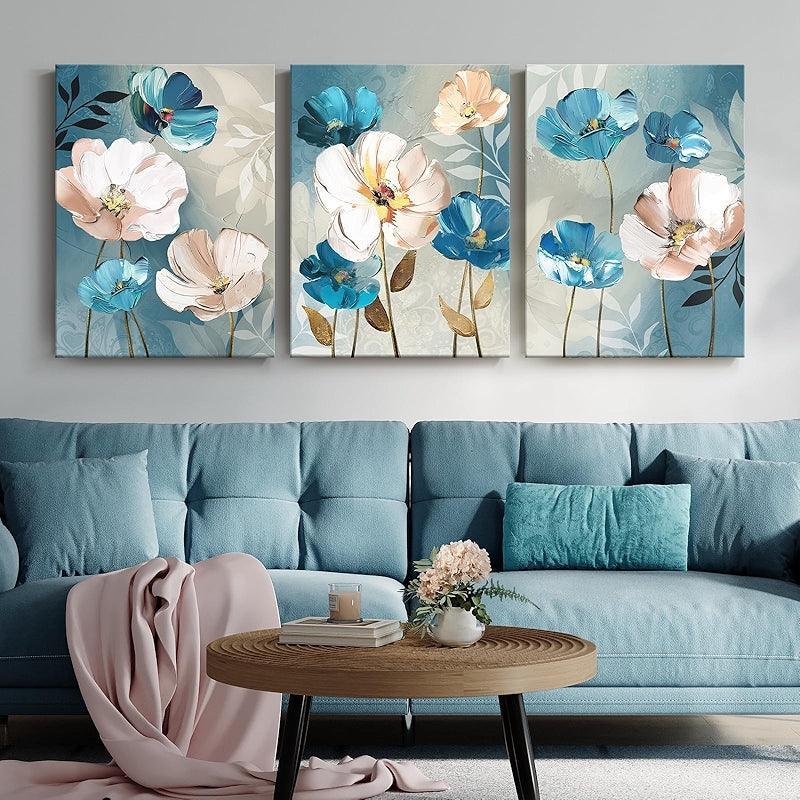 3 Pieces Floral And Ocean Canvas Wall Art Set-Original Frame
