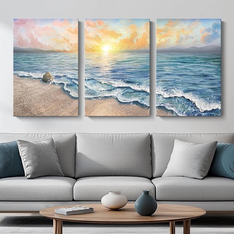 3 Pieces Floral And Ocean Canvas Wall Art Set-Original Frame