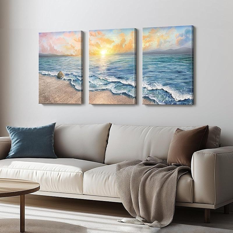 3 Pieces Floral And Ocean Canvas Wall Art Set-Original Frame