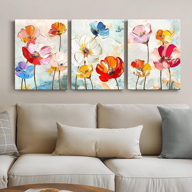 3 Pieces Floral And Ocean Canvas Wall Art Set-Original Frame