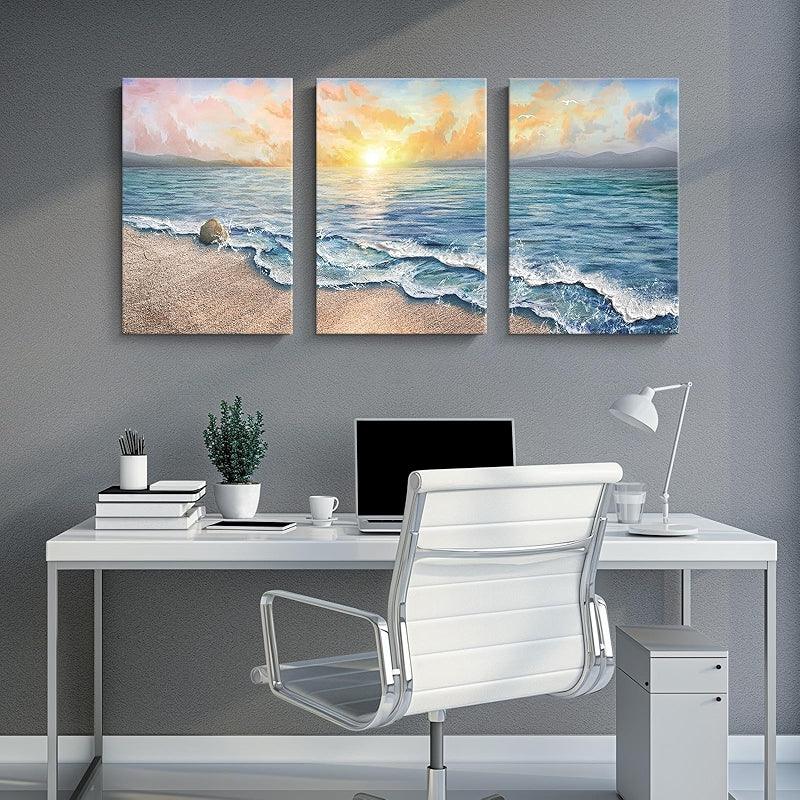 3 Pieces Floral And Ocean Canvas Wall Art Set-Original Frame