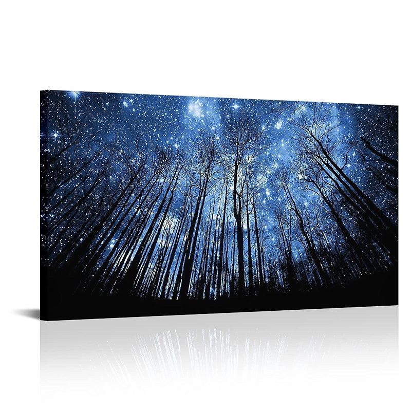 Visual Art Decor Blue Starry Night Forest Tree Canvas Wall Art-Original Frame