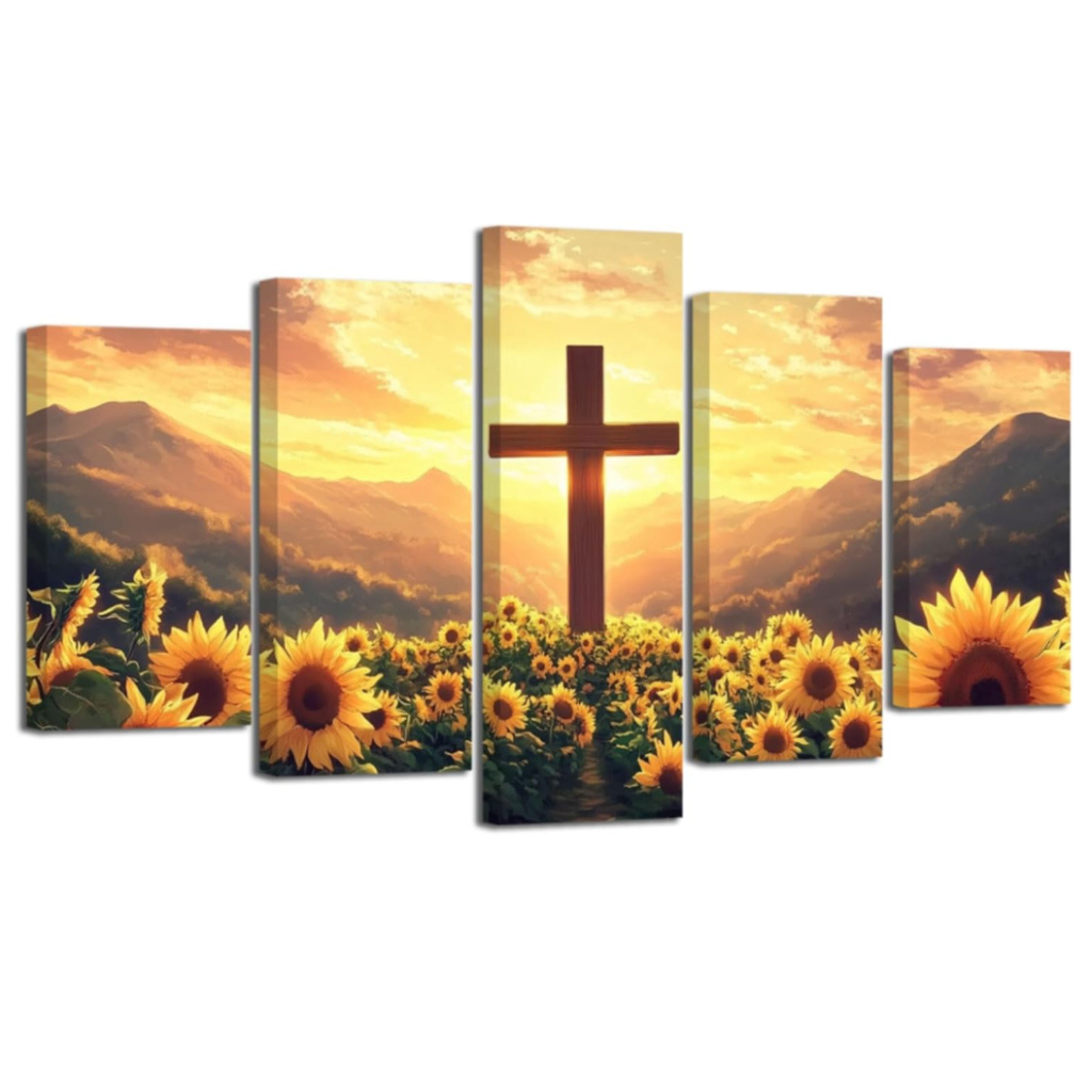 Christian Pictures Wall Decor 5 Pieces Cross and Sunflowers Canvas Prints