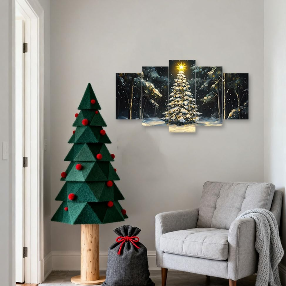 5 Piece Of Vintage Christmas Tree Winter Scene Canvas Wall Art Framed
