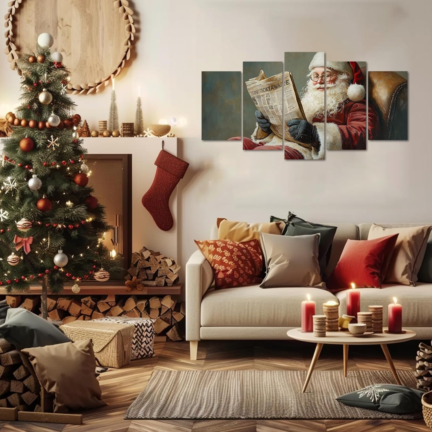 Santa Claus Canvas Wall Art Christmas Pictures 5 Pieces Santa Reading Booking Painting Prints